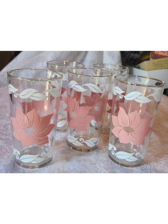 unmarked Other - Vintage Pink & White Hibiscus Glass Tumblers Set Of 5 5-Inch Tall Floral Design